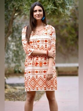 Boho Orange & Cream Printed Tunic Dress